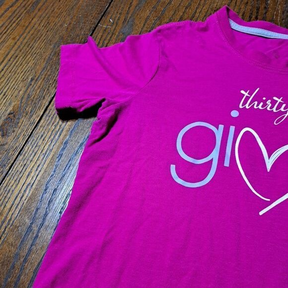 Small Thirty One Gives Short Sleeve Pink White Grey Pullover Tee Tshirt Top - Picture 3 of 3